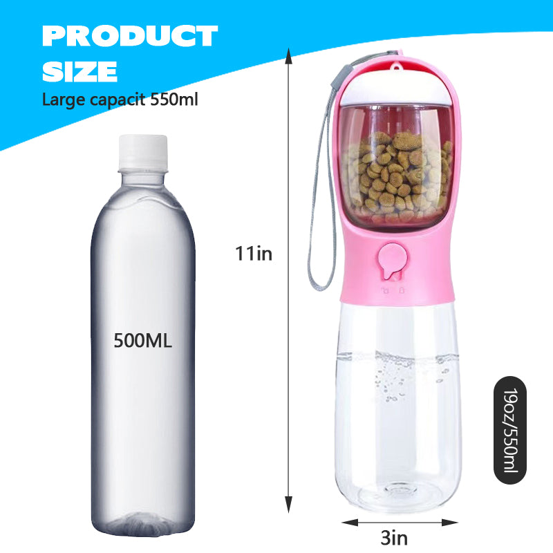 2 in 1 Portable Water Bottle for Dogs - Pink - With Food Container - High Quality Material - Dog Travel Accessories portable dog food container