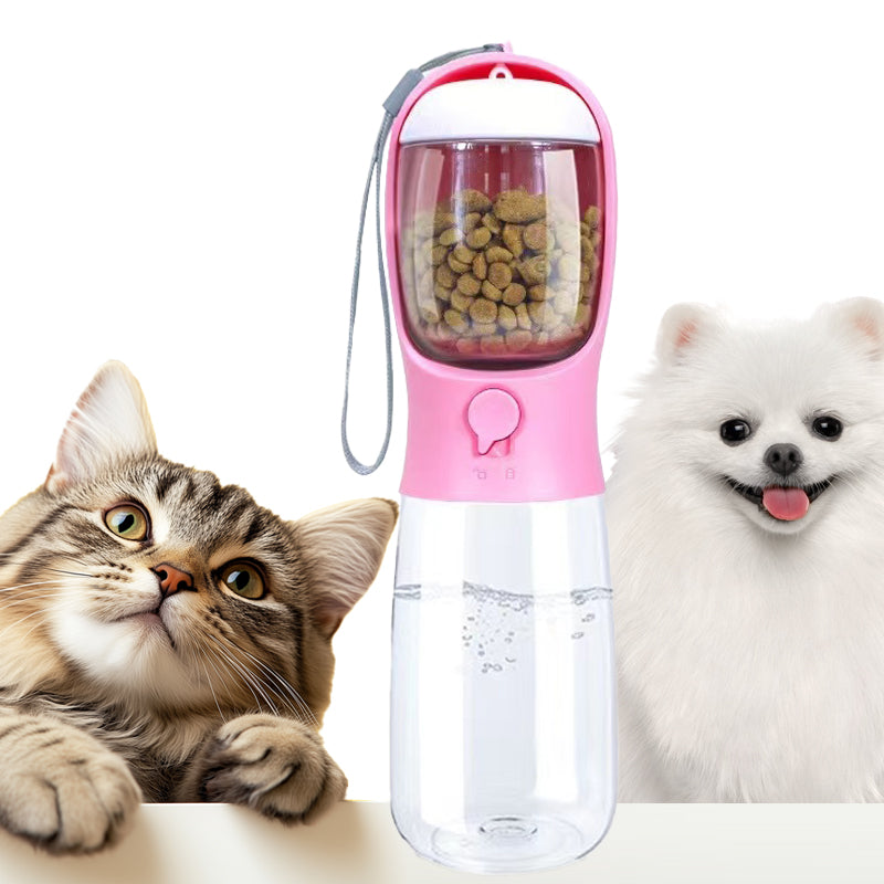 2 in 1 Portable Water Bottle for Dogs - Pink - With Food Container - High Quality Material - Dog Travel Accessories portable dog food container
