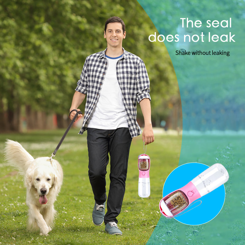 2 in 1 Portable Water Bottle for Dogs - Pink - With Food Container - High Quality Material - Dog Travel Accessories portable dog food container