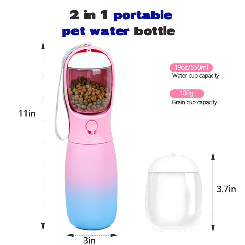 2 in 1 Portable Water Bottle for Dogs - Pink and Blue Gradient - With Food Container - High Quality Silicone Material - Dog Travel Accessories portable dog