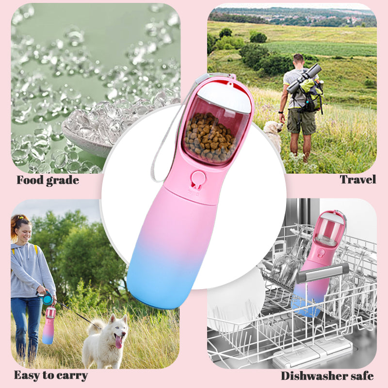 2 in 1 Portable Water Bottle for Dogs - Pink and Blue Gradient - With Food Container - High Quality Silicone Material - Dog Travel Accessories portable dog