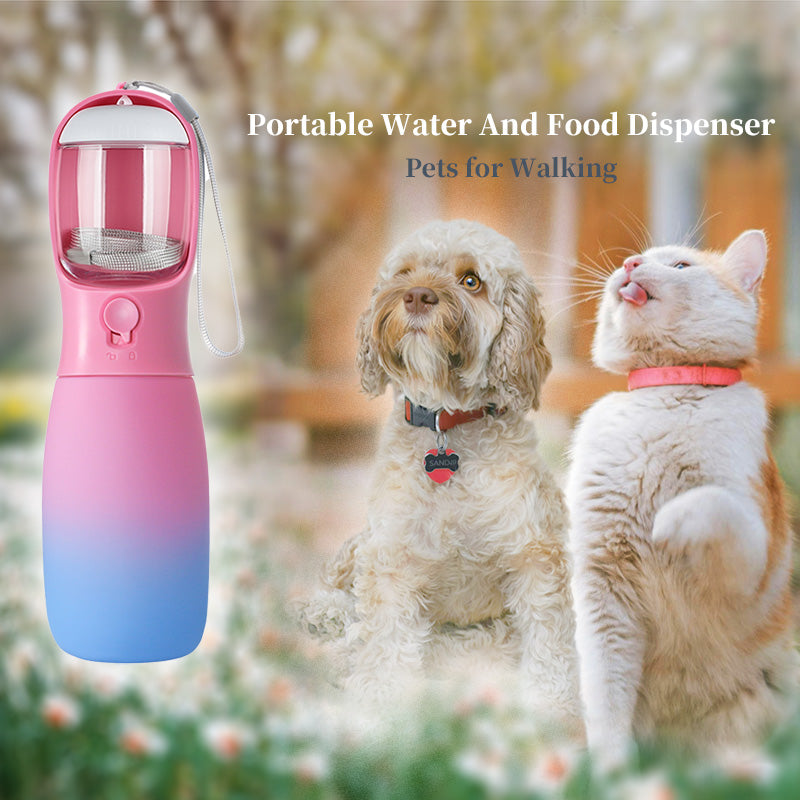 2 in 1 Portable Water Bottle for Dogs - Pink and Blue Gradient - With Food Container - High Quality Silicone Material - Dog Travel Accessories portable dog