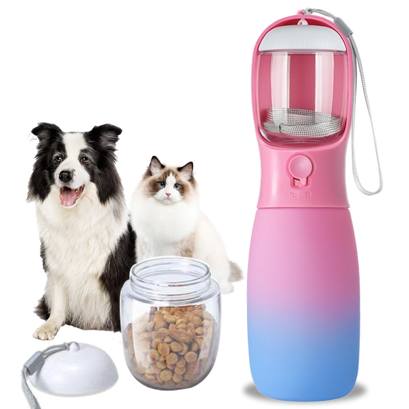 2 in 1 Portable Water Bottle for Dogs - Pink and Blue Gradient - With Food Container - High Quality Silicone Material - Dog Travel Accessories portable dog