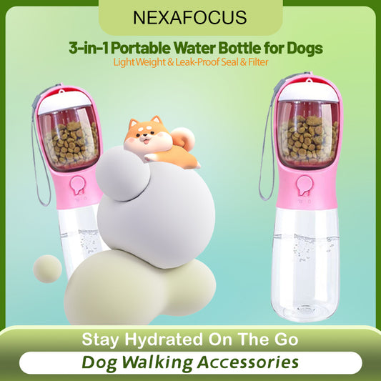 2 in 1 Portable Water Bottle for Dogs - Pink - With Food Container - High Quality Material - Dog Travel Accessories portable dog food container