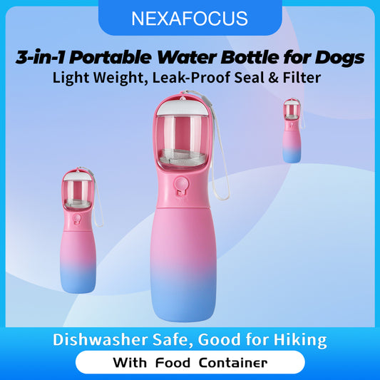 2 in 1 Portable Water Bottle for Dogs - Pink and Blue Gradient - With Food Container - High Quality Silicone Material - Dog Travel Accessories portable dog
